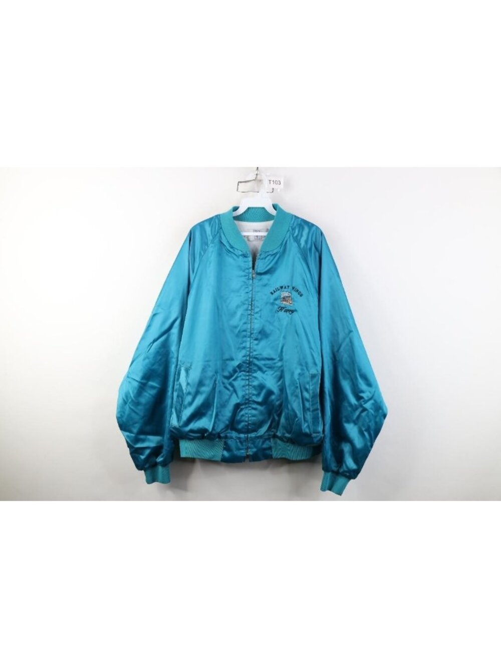 Vtg 80s Mens 2XL Railway Wings GWRRA Motorcycle Satin Bomber Jacket Blue USA